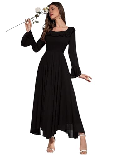 Image of LITZO Women's One Piece Dress - Georgette Solid Color Western Gown | Long Sleeve Square Neck Fit & Flare Flared Hem Design | A-Line Maxi Dress for Women | New Year Party Outfit (NO-35-38)