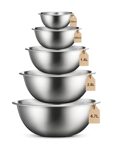 LOFERMA Stainless Steel Mixing Bowls Set - 5-Piece, Easy-Grip, for Baking, Cooking, Salad & Food Prep - 700ml, 900ml, 1.4L, 2.8L, and 4.7L (Steel)