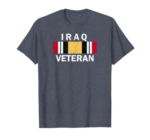 Iraq Veteran T-Shirt Iraq War Service Ribbon Distressed Tee T-Shirt, Men, Heather Blue, 3X-Large