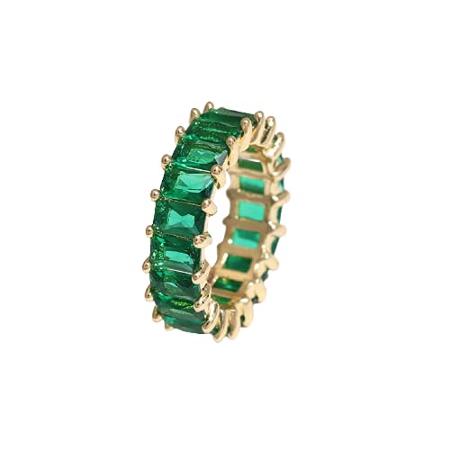 COLORFUL BLING Emerald Eternity Paved Square Cubic Zirconia Promise Love Rings Gold Plated Baguette Jewelry Rectangle Emerald-Cut CZ Ring for Women