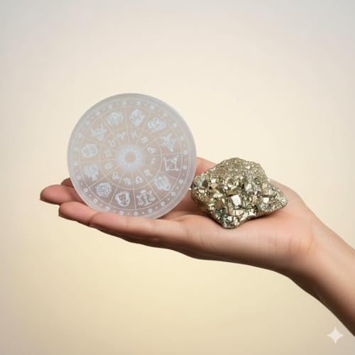 Image of Original Pyrite Stone with Natural Selenite Charging Plate | Lab Certified Crystal Set for Wealth, Business Luck, Reiki Healing & Vastu Energy inch (SEL+METRON)