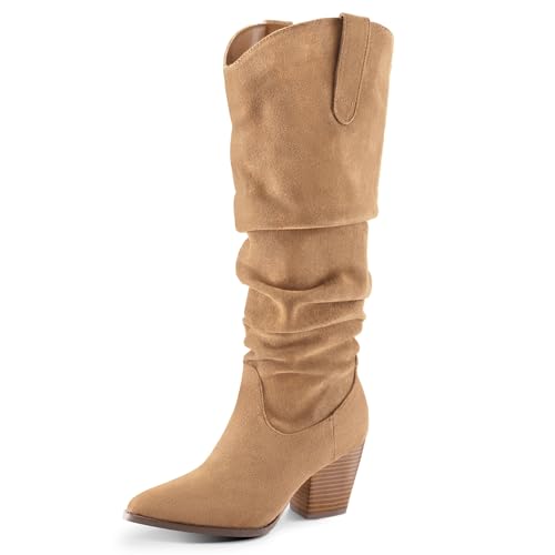 mysoft Women's Cowboy Knee-High Boots Pointed Toe Mid Chunky Heel Pull On Slouchy Boots with Zippers