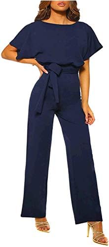 Happy Sailed Women Casual Loose Short Sleeve Belted Wide Leg Pant Romper Jumpsuits Large Navy Blue
