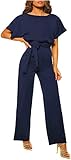 Happy Sailed Women Casual Loose Short Sleeve Belted Wide Leg Pant Romper Jumpsuits