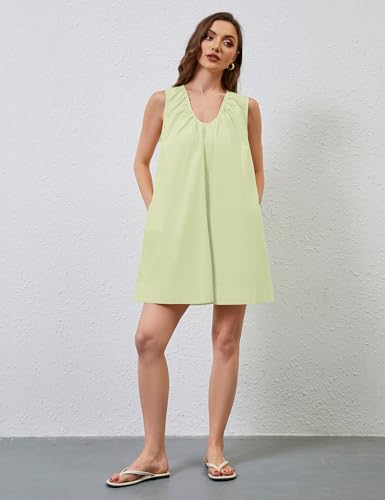 Image of OLAPTA Women Summer Sleeveless Babydoll Mini Tank Dresses Loose Fit Scoop Neck Ruched Short Dress with Pockets Party Clubwear