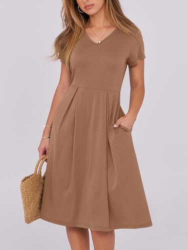 Image of ANRABESS Women Summer Dress Casual Short Sleeve V Neck A-Line Knee Length Pleated Flowy 2026 Fashion Midi Dresses with Pocket