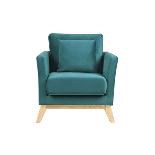 Poltrona Scandinava Velluto Petrolio Piedi In Legno Chiaro Oslo - 3