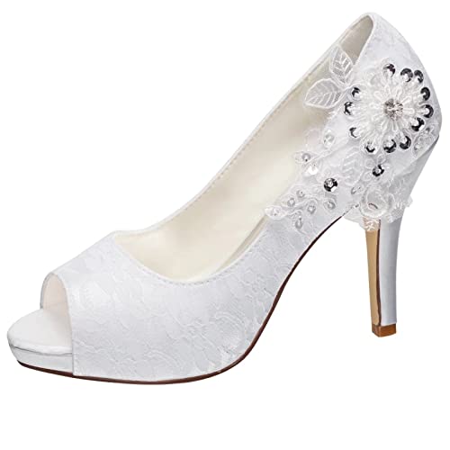 Imagen de Emily Bridal Zapatos de Boda Zapatos de Boda de Encaje Zapatos de Novia de tacón Alto con Punta Abierta de Encaje