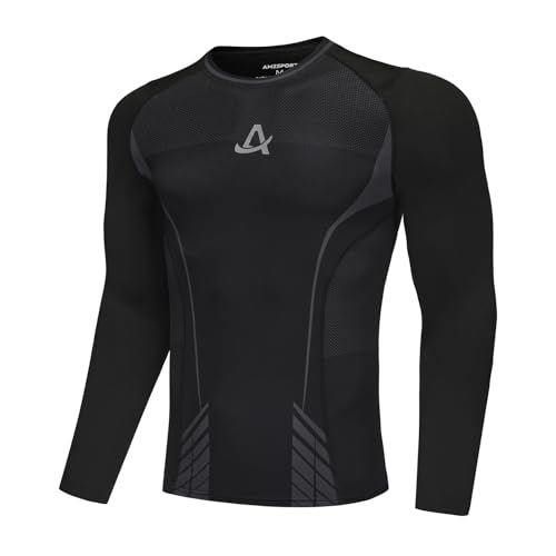 AMZSPORT Maglia Compressione Uomo Maglia Termica Manica Lunga Maglietta Palestra Compression Shirt Ciclismo Running Sportiva, Nero L