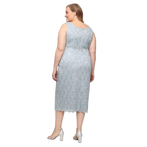 Image of S.L. Fashions Women's Tea Length Sequin Lace Mother of The Bride Dress with Illusion Sleeve Jacket