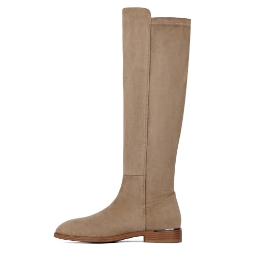 Image of Modatope Rounded Toe Flat Stretchy Dress Knee High Boots Side Zipper | Suede Elastic Fall Winter Boots, Low Chunky Block Heel Riding Boots,2026 Fashion Womens Tall Long Boots