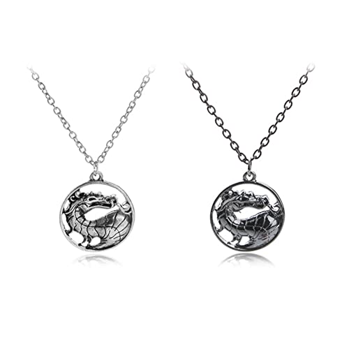 2PCS One Set Mortal Kombat Merchandise Two Dragon Wizard Medallion Pendants Silvertone Plated Vintage Mortal Targaryen Dragons Pendant Necklaces For Fans