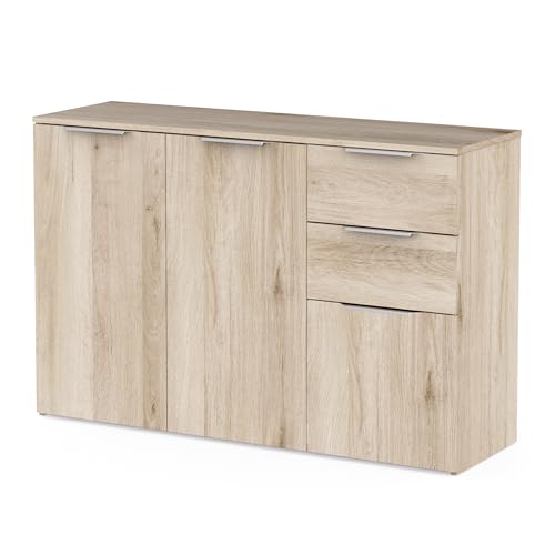 Demeyere Buffet Enfilade, 37 x 120 x 78 cm, 3 Portes et 2 Tiroirs, en Bois Recomposé Couleur Chêne Kronberg, Meuble Rangement Essentiel Entrée, Cuisine ou...