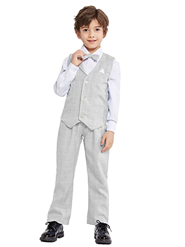 Lolanta Boys Formal Suits Kids 4Pcs Tuxedos Outfits Long Sleeve Shirts, Vest, Pants, Bow Tie(Gray, With Shirt, 5-6 Years) #TOP2
