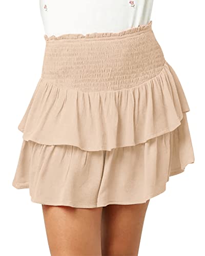 Newffr Girls Smocked Ruffle Mini Skirts Cute High Elastic Waisted Tiered Short Skirt With Shorts Underneath Beige #TOP20