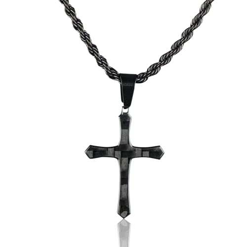 CRBNCNCPT® Cadena con Colgante de Cruz de Fibra de Carbono | Cadena de Acero Inoxidable Negra | Collar de Hombre Noble | Crucifijo de Carbono | Joyería de Hombre | Cross Carbon Fiber Cover