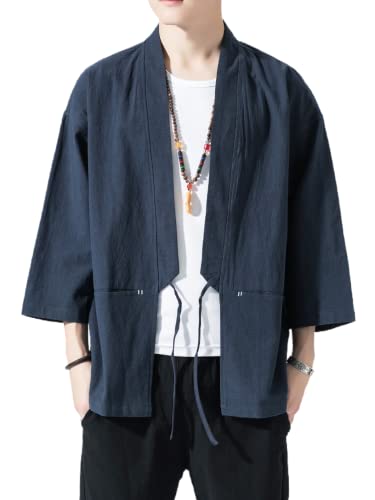 Image of Men's Japanese Kimono Cardigan Loose Cotton Linen 3 /4 Sleeve Open Front Casual Summer Shirt Jackets
