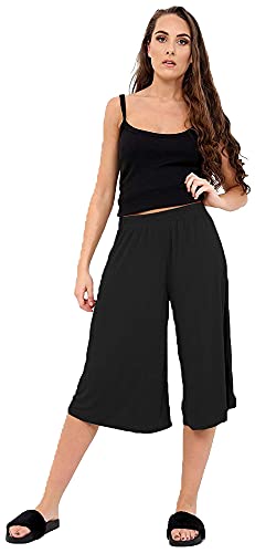 STAR FASHION Ladies Culottes Palazzo Shorts Wide Leg Flared Elasticated Stretchy Loose Short Trousers Pants Casual Womens 3/4 Length Plain Culottes Shorts 8-26 Black