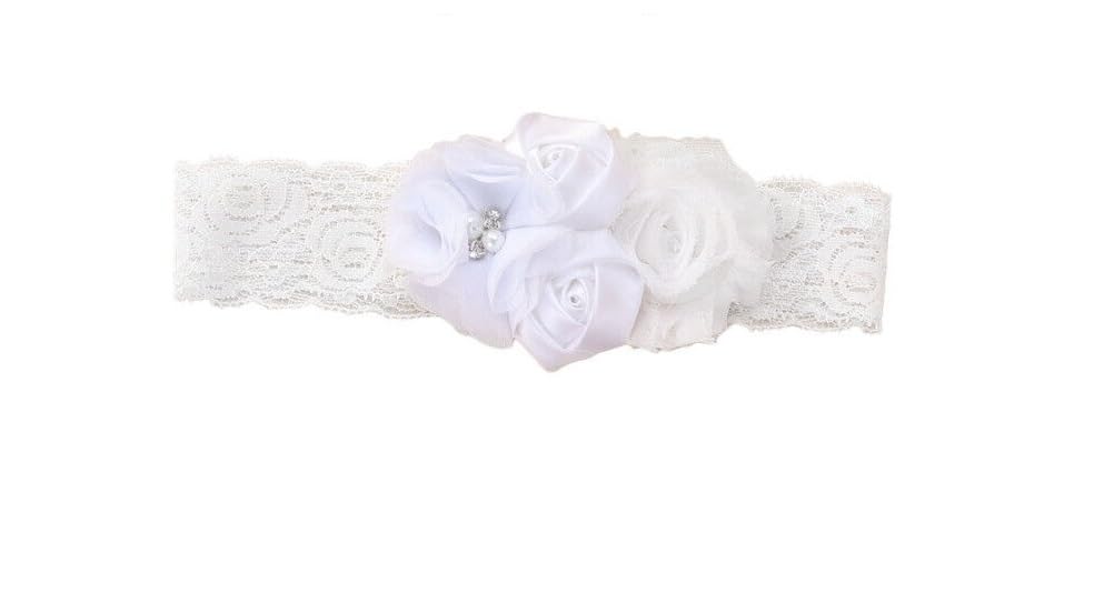 El Regalo Cute Satin Flower Lace Headband for Baby Girls - Fancy Soft Lace Band with Shabby Flower (Off White)