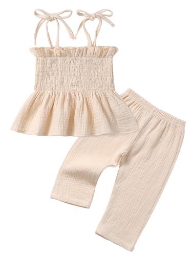 Toddler Infant Girls Clothes Solid Color Sleeveless Ruffle Halter Tops Camisole Linen Pants Set Baby Summer Outfits
