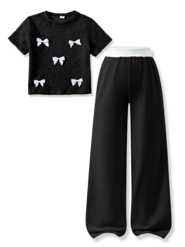 Image of Girls Clothes 2 Piece Short Sleeve Lace Bow Print Tops Flared Pants Set Little Girl Outfits Size 7-14