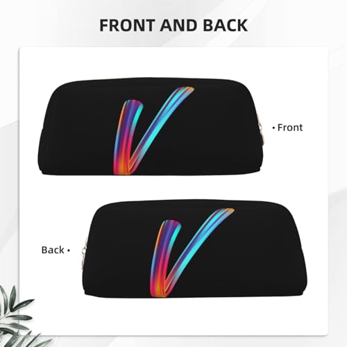 Image of Cute Initial Pencil Case for Kids Simple Leather Pencil Pouch for Boys Girls Letter Design Pencil Box Pen Bag Pencil Pouch Office Stationery Organizer, Rainbow Letter V