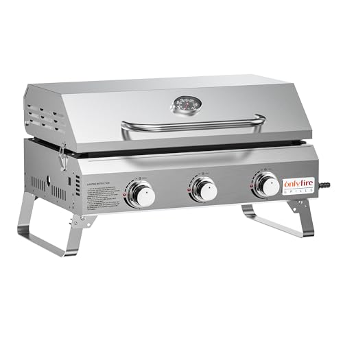 Onlyfire 3-Burner Gas Griddle, Portable Tabletop Gas BBQ with Non-Stick Ceramic Coated Plancha, 7KW High-Power Outdoor Grill with Lid & Thermometer for Camping, Patio & Garden, Silver - Image 2