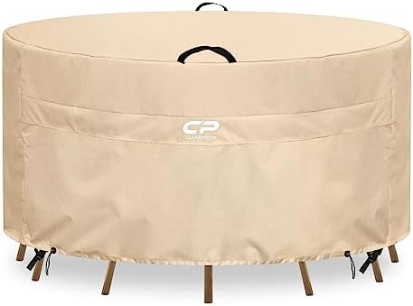 CAMPROS CP Round Patio Furniture Covers 84"Dia,Outdoor Table Covers for Round Table Chair Set/Fire Pit/Hot Tubs,Heavy Duty-Weatherproof/UV-Resistant Patio Cover-84”DIA*26”H-Beige