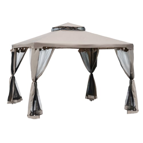 Outsunny Cenador de Jardín 3x3 m con Doble Techo 4 Cortinas Marrón Pardo