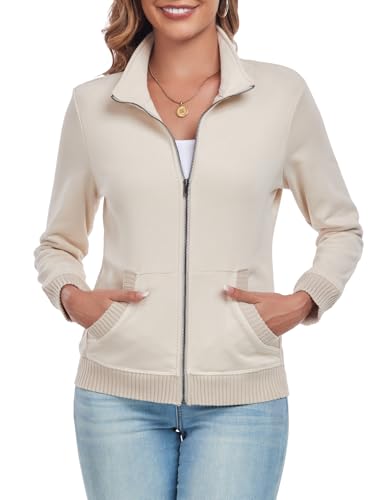 Women's Zip up Sweatshirt Jacket Stand Collar Long Sleeve Sweater Ribbed Knit Hem Jacket with Pocket - Main Image