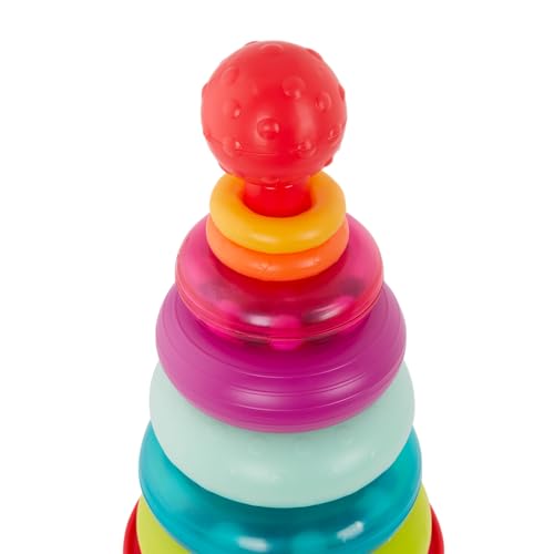 Image of B. toys Rainbow Rings Stacking Rings Teether Rattle Baby Toy Set, 9 Pieces | 9-piece rainbow ring stacker with 2 teething rings, 2 rattle rings, base and top ball; easy to grasp, Baby; 6+ Months