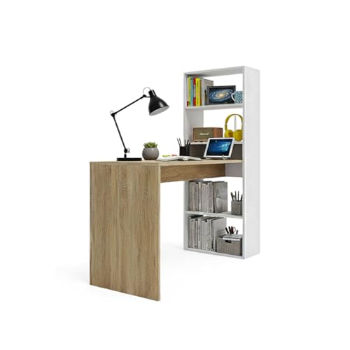 duehome | Secretária juvenil com estante reversível, mesa de computador, modelo Cosmic, acabamento em branco Artik e carvalho Canadian, medidas: 120 cm (comprimento) x 53 cm (largura) x 144 cm (altura