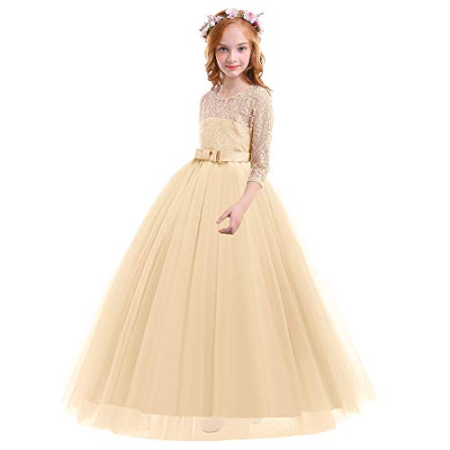 Girls Flower Vintage Floral Lace 3/4 Sleeves Floor Length Dress Wedding Party Evening Formal Pegeant Dance Gown3