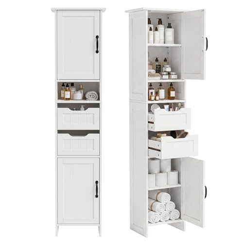 GRUSIGN 67 Tall Bathroom Storage Cabinet Narrow Bathroom Cabinet with 2 Doors 2 Drawers and 2 Adjustable Shelves Slim Storage Cabinets for Kitchen Living Room Entryway White
