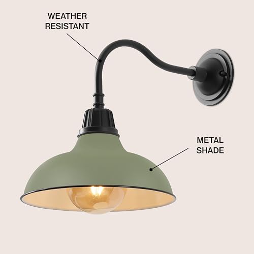Image of JONATHAN Y 12.25 inch Matte Olive Green /Black Farmhouse Industrial Outdoor Sconce, LED Gooseneck Wall Light for Porch, Metal Bowl Shade, Dimmable Vintage Exterior Fixture, LED Bulb Included (JYL7613I)