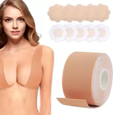 OCTONI Waterproof Multi-Functional Body Boob Tape for Strapless & Backless Outfits | 95% Cotton Breathable Adhesive Push Up Tape with 4 Pairs Satin Nipple Covers Beige-image-49