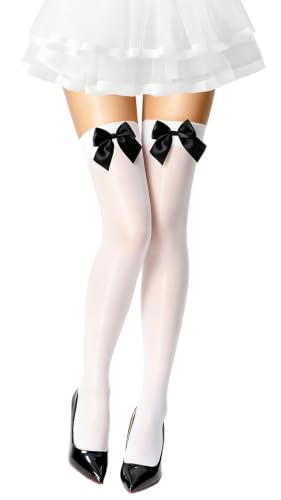 Image of Women's White Thigh-High Stockings with Satin Bows, Stay-Up Socks