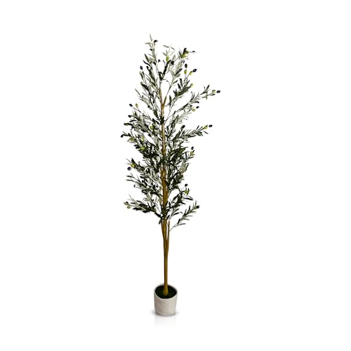 6FT Tall Faux Olive Tree with Dew-Like Leaves &ndash; Indoor Decorative Artificial Plant with Silk Green...