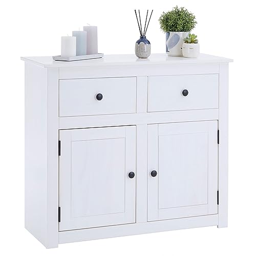 CARO-Möbel Kommode Paulo weiß aus Massivholz im Landhausstil mit 2 Türen und 2 Schubladen, Mexico Sideboard aus Kiefer mit Beschlägen und Griffen aus Metall