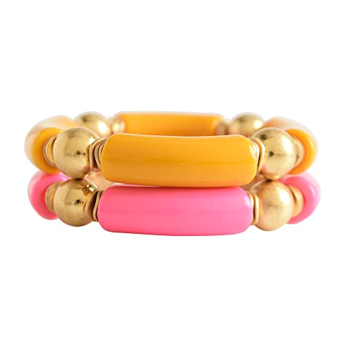 Gold Plated Beaded Acrylic Bamboo Tube Bangle Bracelets For Women, Colorful Chunky Curved Tube With Gold Pieces Beads Stretch Bracelet Friendship Summer Beach Jewelry (P-Orange&Watermelon Red 2Pcs) #TOP5