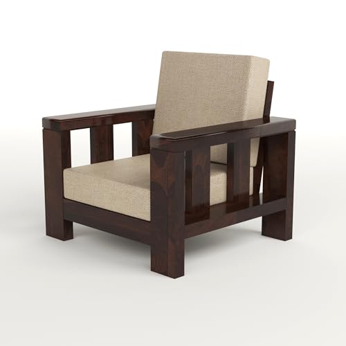 Image of Solid Sheesham Wood Single Seater Sofa Chair for Living Room - Single Sofa Chair Wooden Sofa Single Seater with Comfortable Cushion Seating (Walnut, Haney 1 Seater)