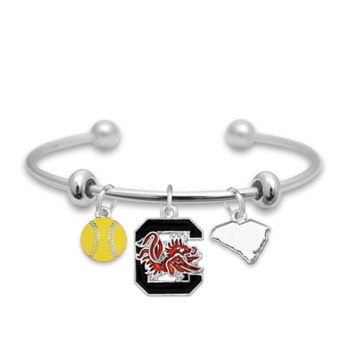 From the Heart South Carolina Softball Accent Charm Team Traditions Cuff Bracelet with Team Color Logo, Softball and State Accent Charm Officially Licensed Jewelry Fan USC