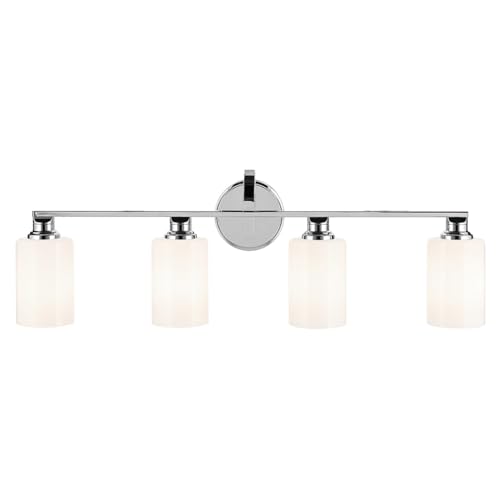 Image of Kichler Gioe 32.25 inch 4-Light Bathroom Vanity Light Fixture with Opal Glass in Chrome, Modern Wall Mount Light for Over Mirror, Damp Rated (32.25 inch W x 10.5 inch H), 55227CH