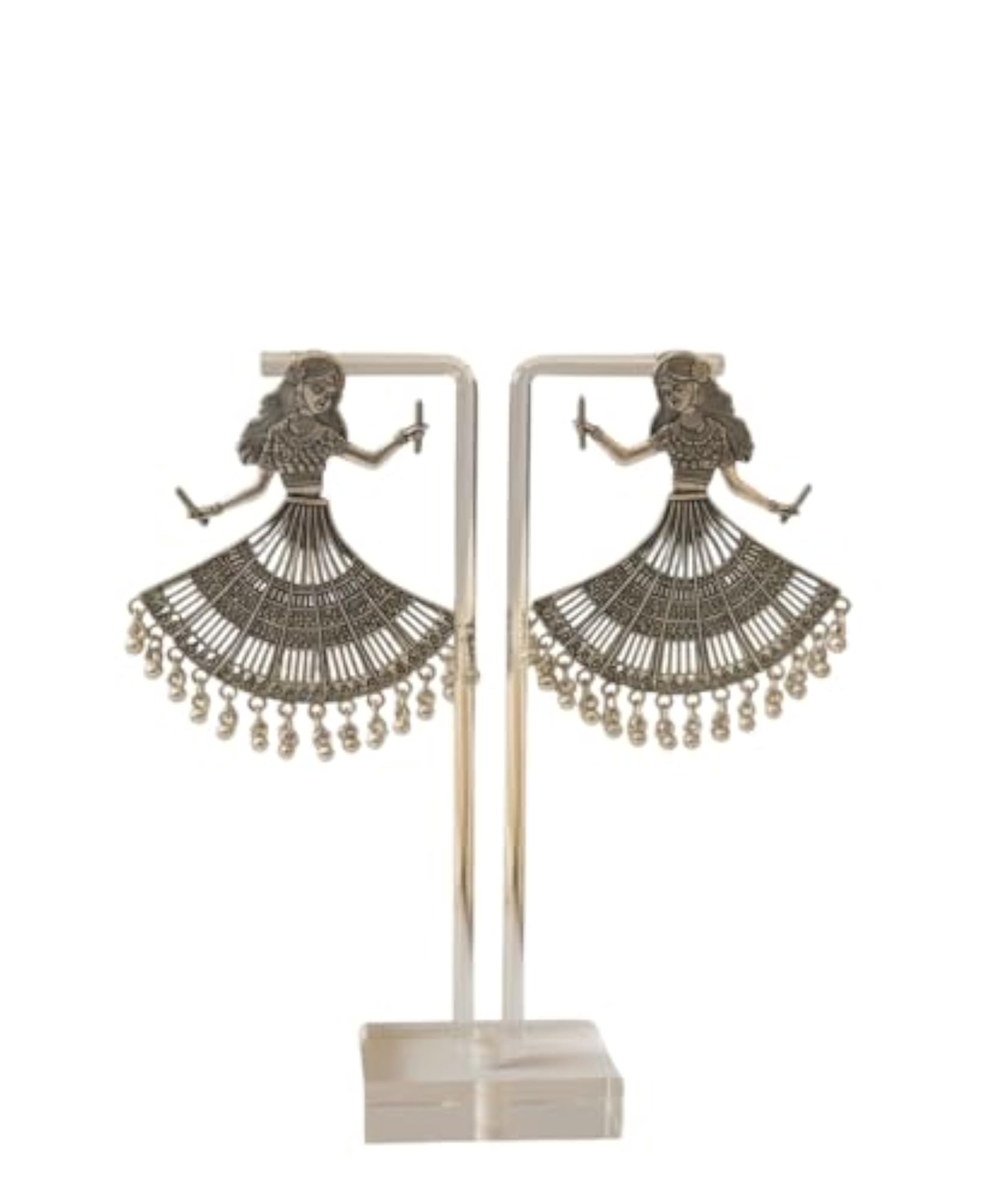 Oxidized Silver-Plated Garba Dancer Dangler Earrings with Cat's Eye Drops