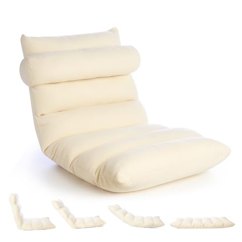 GreenWhim Floor Chair with Back Support Adjustable Reclining Chairs with 14 Positions Thick Padded Folding Lounge Sofa Seat for Reading Meditation Living Room Bedroom (White)
