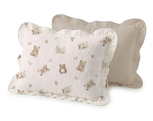 Image of Muslin Ruffled Toddler Pillowcases 13 inchx18 inch 2 Pack, Soft, Breathable Muslin Cotton Travel Pillow Covers with Envelope Closure for Baby Boys, Girls & Kids (Teddy & Friends-Ruffled, 13 x 18 Inch)