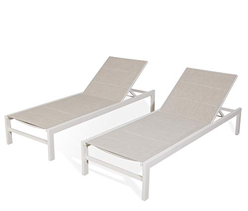 Ulaxfurniture Outdoor Lounge Chair, Aluminum Chaise Chair, Adjustable Lounger Recliner with Wheels and Padded Quick Dry Foam for Patio (2 x Chair, Beige)