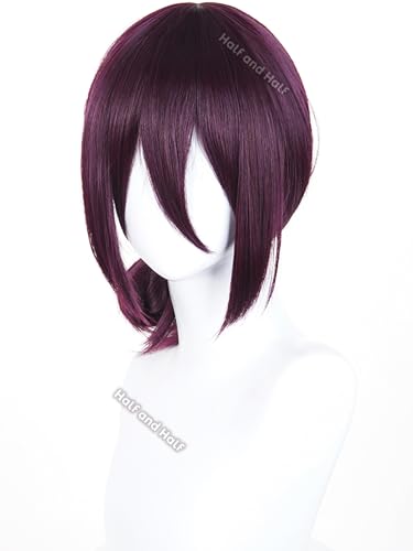 Image of Reze Cosplay Wig Short Dark Purple Anime Cosplay Wigs with Bangs & Bun | Deep Grape Purple Female Wig Synthetic Hair for Halloween Party Women Costumes