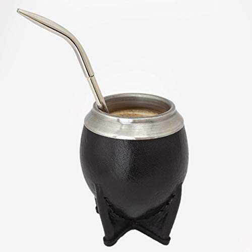 Yerba Mate Premium (Mate Cup) - Uruguayan Style Mate Torpedo - Leather wrapped - with stainless steel details and surgical steel bulb (straw) BLACK (Black)