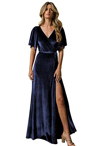 Velvet Bridesmaid Dresses for Wedding Short Sleeve Formal Evening Dresses for Women